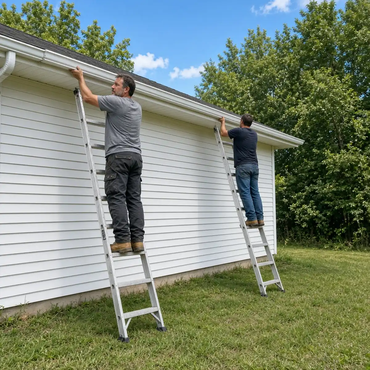Installer fitting a new seamless aluminum gutter run along the roofline of a Bloomington home