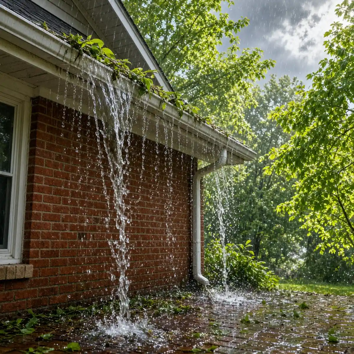 Rainwater sheeting over the front edge of a clogged gutter during a heavy Bloomington storm