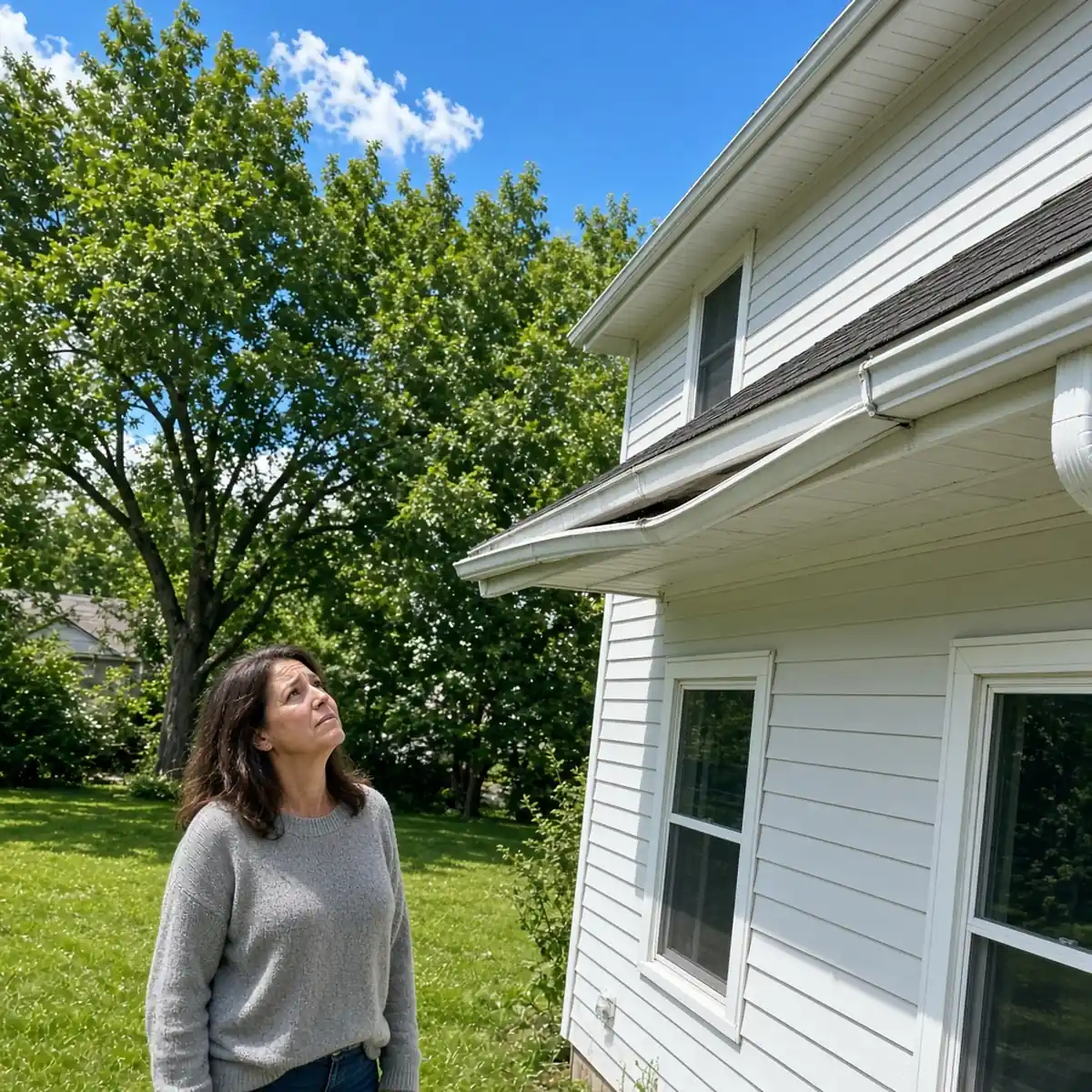 Homeowner looking up at a gutter visibly sagging and pulling off the fascia