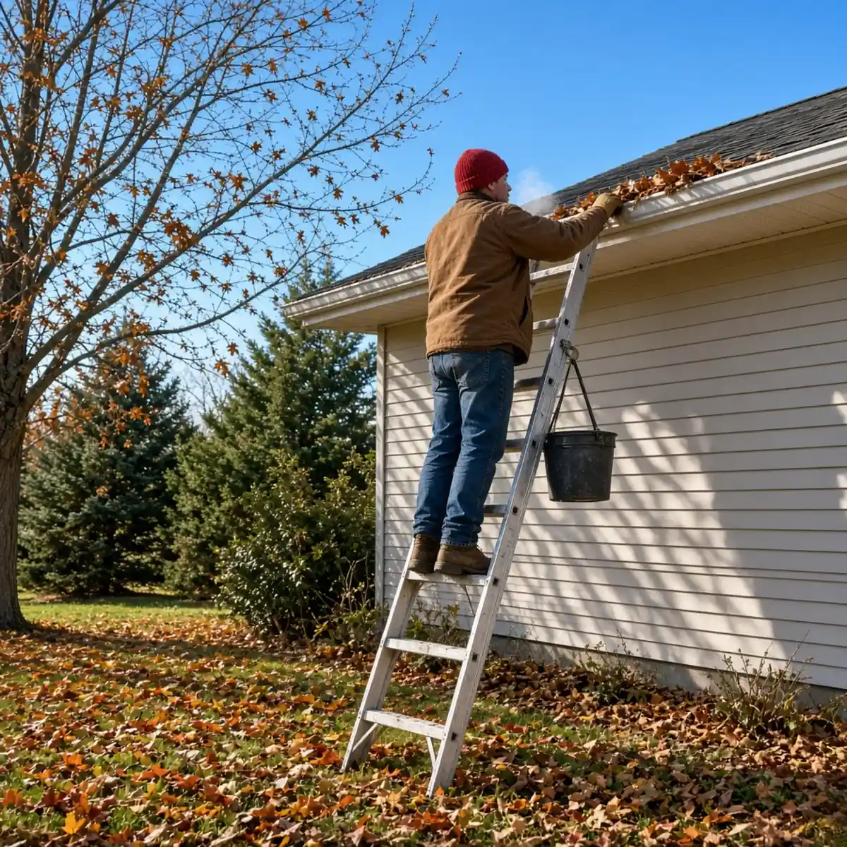 Gutter cleaner on a ladder clearing a gutter in late autumn in Bloomington IL