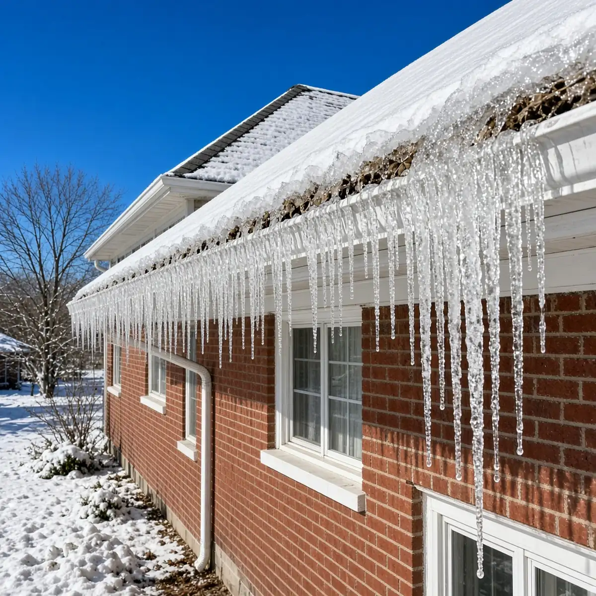 Ice and icicles built up along the gutter and eave of a Bloomington home in winter