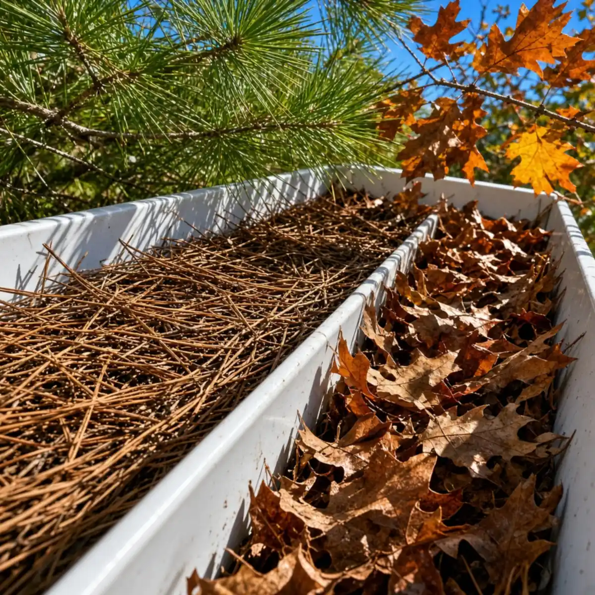 A gutter packed with pine needles and oak leaves on a tree-shaded Bloomington home
