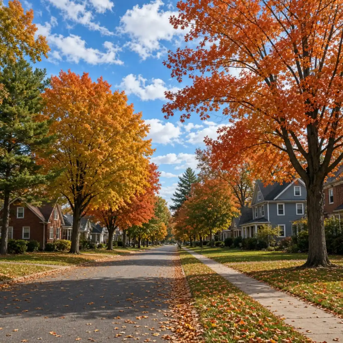 A tree-lined residential street of Bloomington-Normal homes under mature oaks and maples